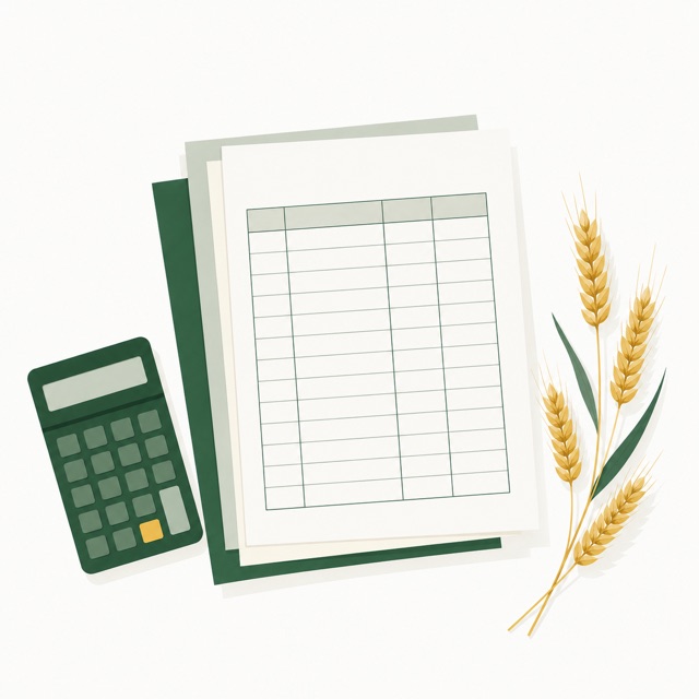 Illustration of ledger papers, a calculator, and wheat sprigs on a desk